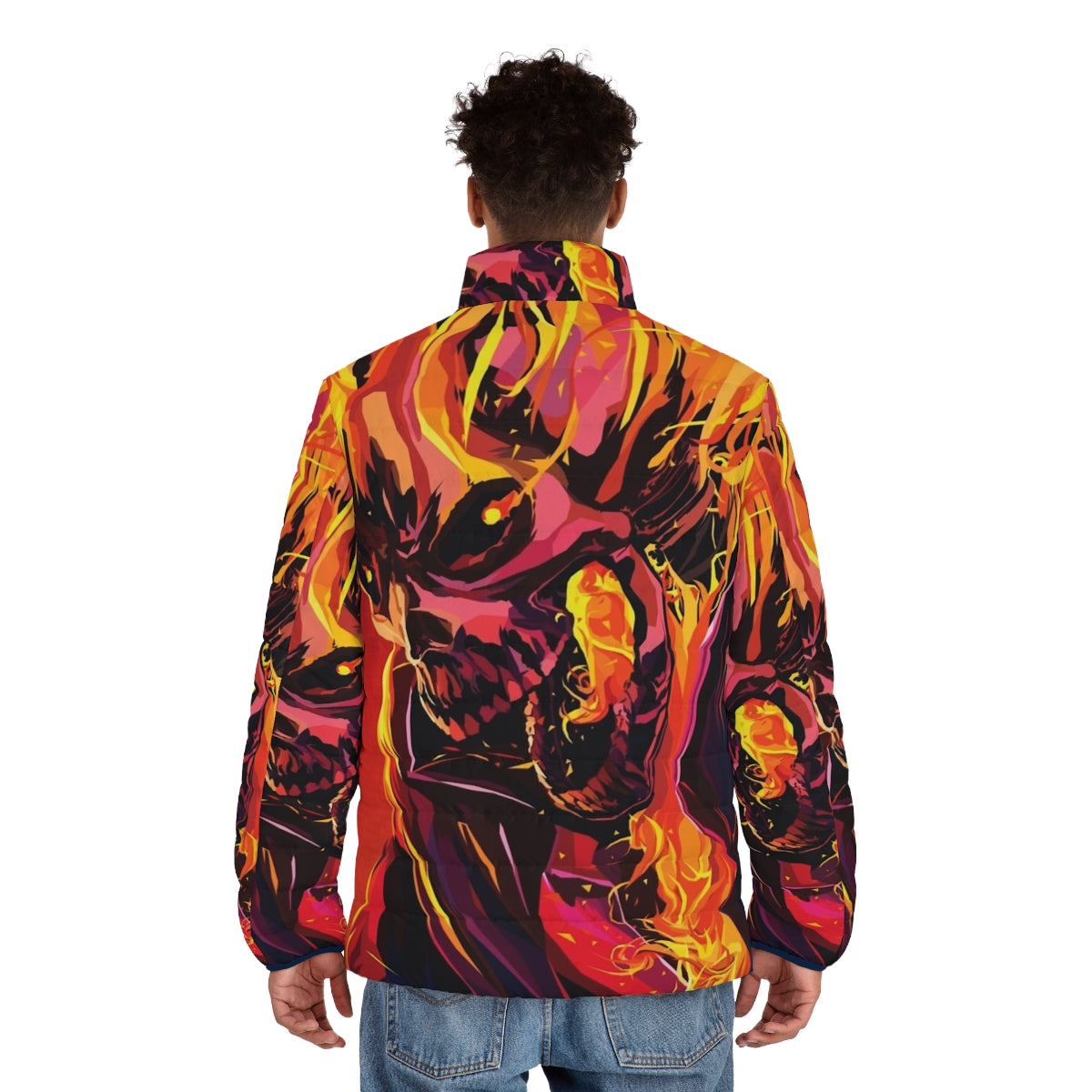 A puffer jacket featuring the iconic Ghost Rider character with a flaming skull design - men back