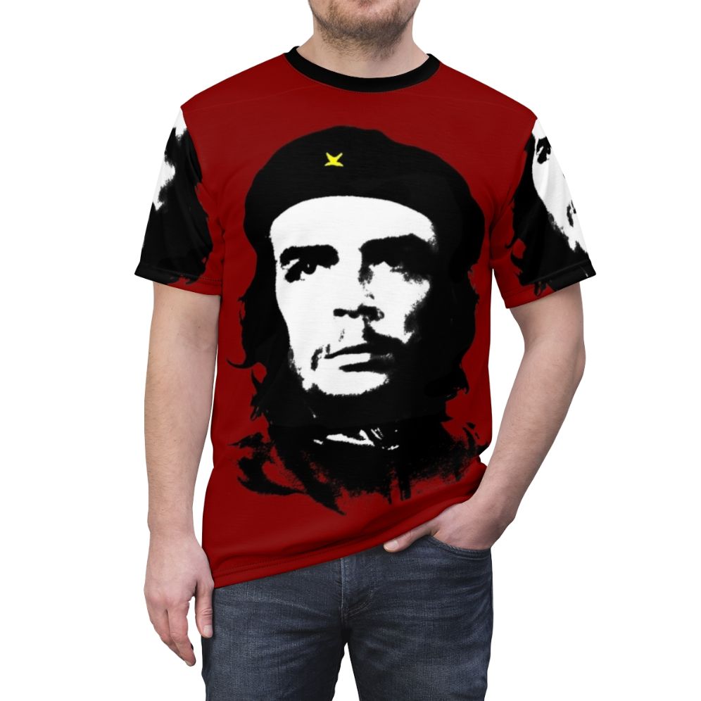 Ché-inspired t-shirt design featuring a stylized portrait of the iconic Latin American revolutionary Ché Guevara - men front