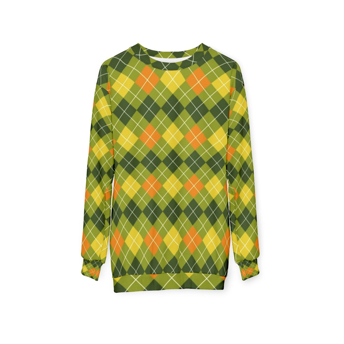 Yellow, orange, and green argyle pattern sweatshirt - hanging