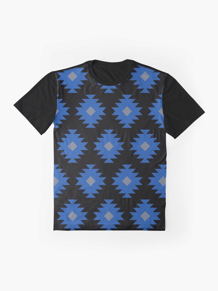 Southwestern Pattern Graphic T-Shirt featuring a native-inspired, geometric design in black, blue, and gray. - Flat lay