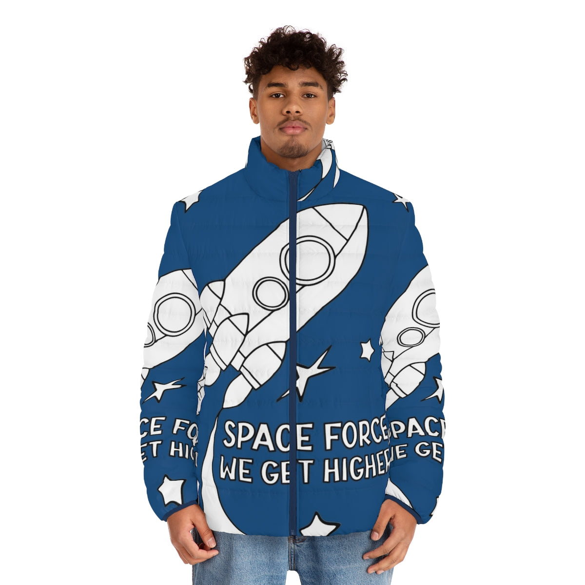 Stranger Things Space Force We Get Higher Puffer Jacket, sci-fi adventure outer space apparel - men front