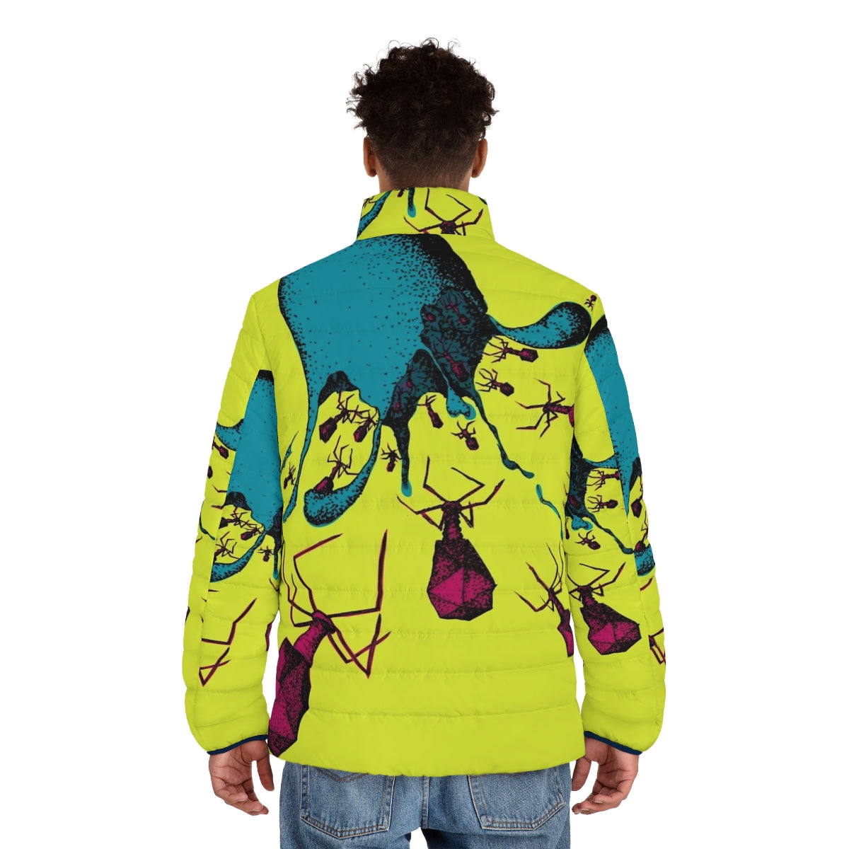 Colorful puffer jacket featuring lysis and bacteriophage artwork - men back