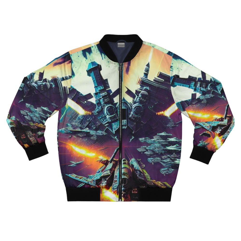 Vintage video game art bomber jacket featuring Gradius, Galaga, and other classic arcade game designs