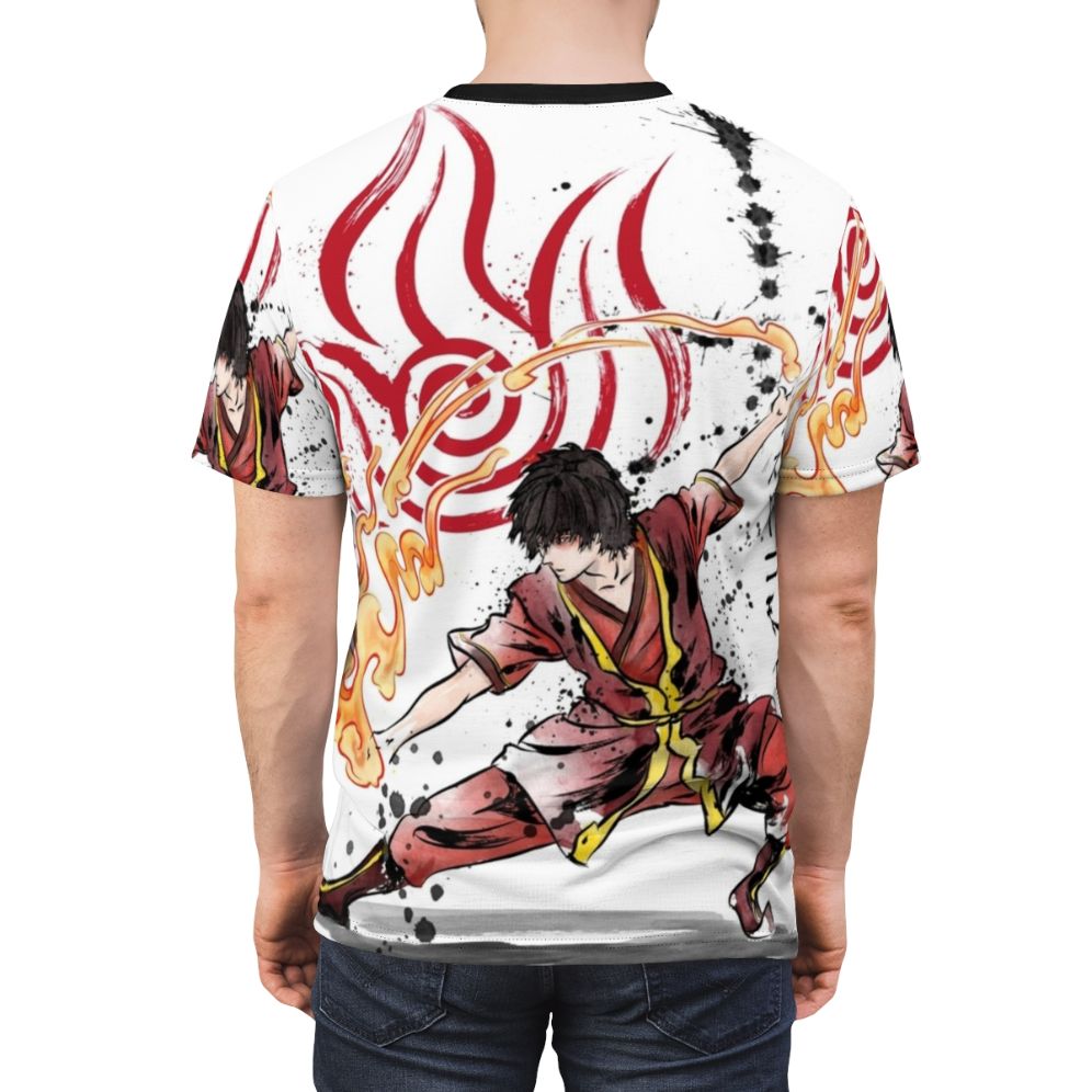 Person wearing a t-shirt featuring a colorful graphic design inspired by the Avatar universe, including elements of fire, water, earth, and air. - men back