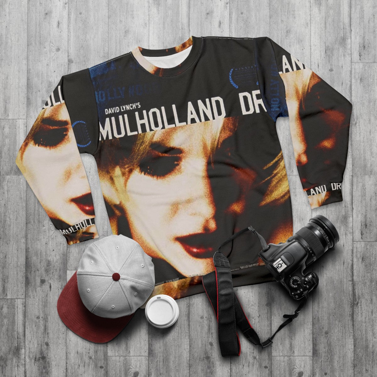 Iconic Movie Poster Sweatshirt featuring David Lynch film imagery - flat lay