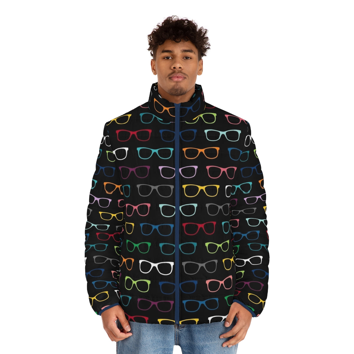 Colorful puffer jacket with hipster eyeglasses pattern - men front