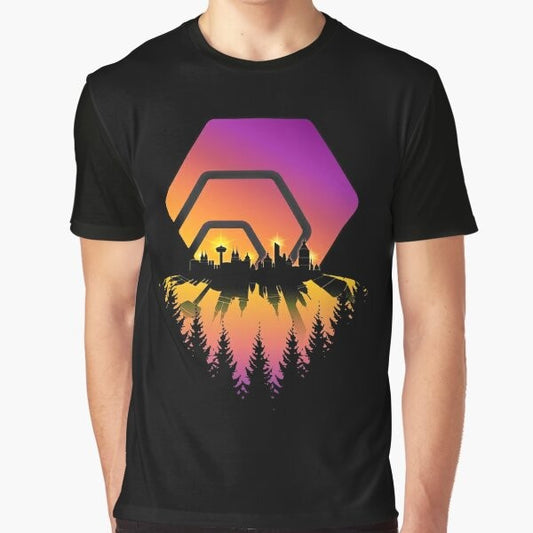 HEX Cryptocurrency Blockchain Graphic T-Shirt featuring a shining city skyline design