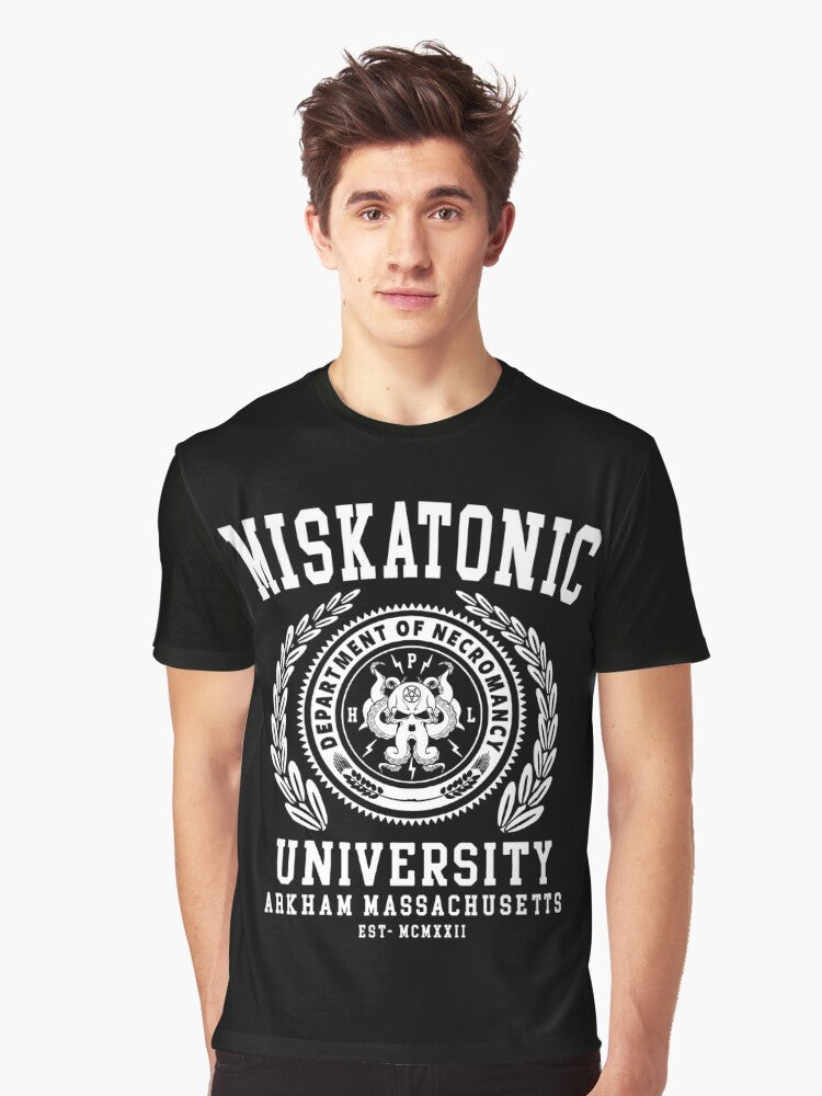 Cthulhu and HP Lovecraft inspired graphic design t-shirt with Miskatonic University logo - Men