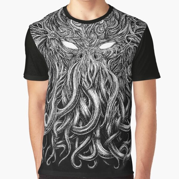 A black t-shirt featuring a graphic design of the Cthulhu creature from H.P. Lovecraft's horror stories.