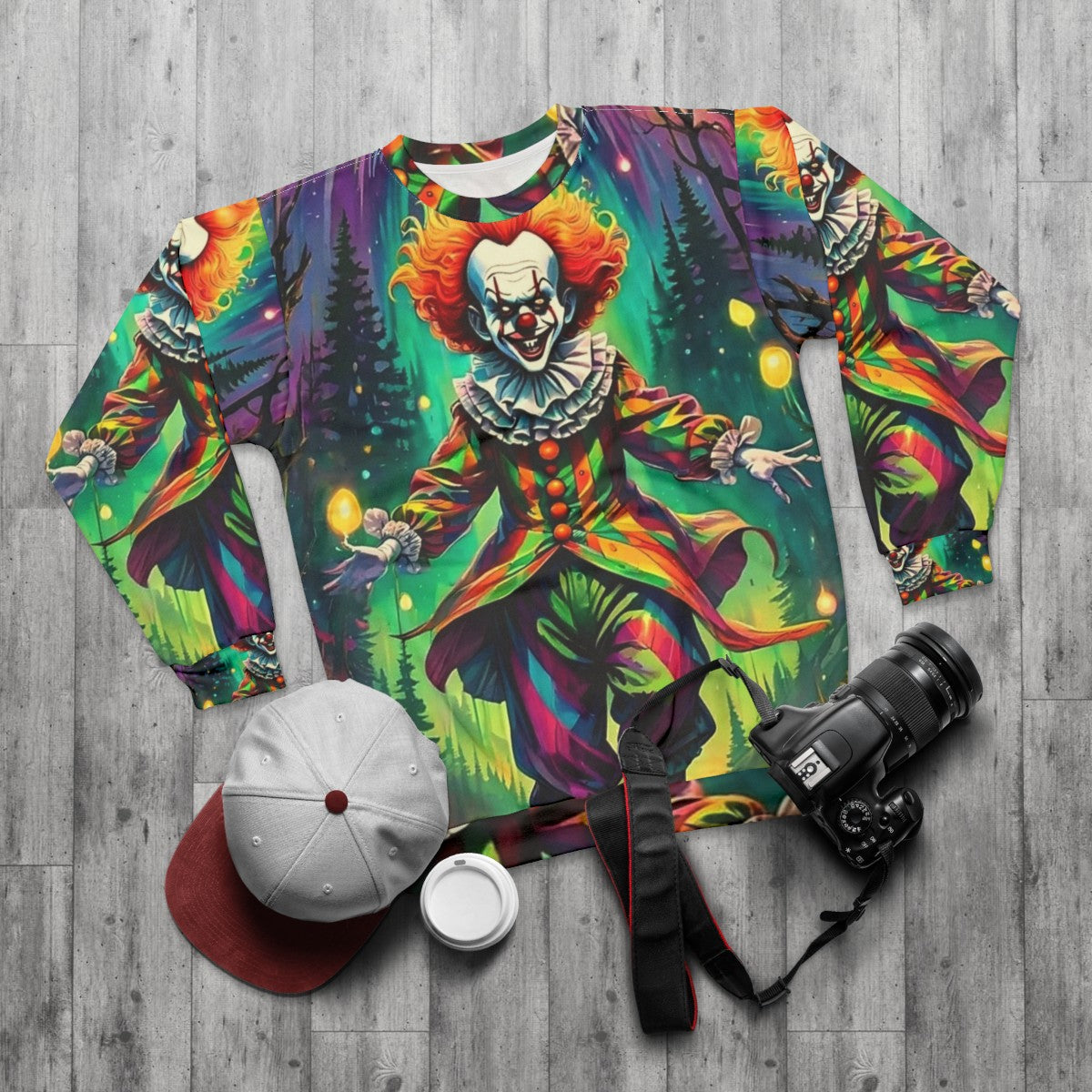 Spooky clown Halloween sweatshirt - flat lay