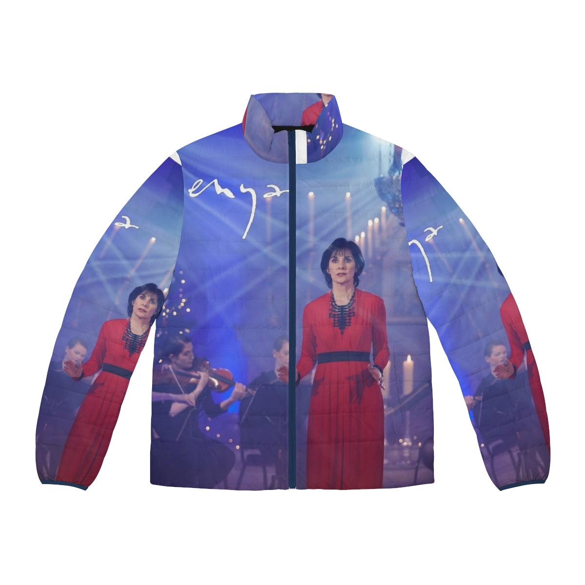 Enya-inspired puffer jacket with winter motifs and music-themed design