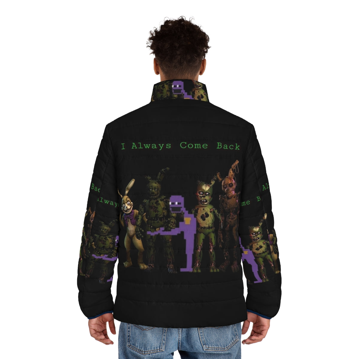 I Always Come Back Puffer Jacket featuring Springtrap, the iconic FNAF villain - men back