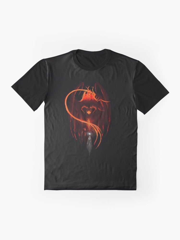 Balrog graphic t-shirt featuring a dark, powerful creature from the Lord of the Rings universe - Flat lay