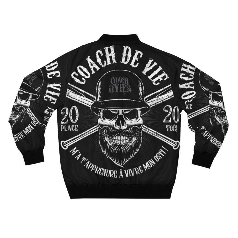 Biker bomber jacket with pop art design and "Teach Me How to Live My Osti!" life coach slogan - Back