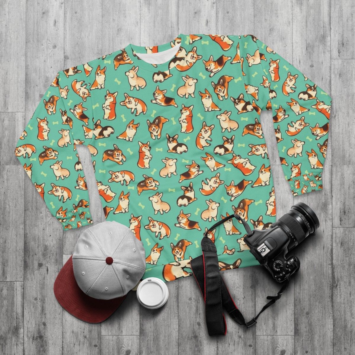 Jolly Corgis in Green Sweatshirt - Cute Pembroke Welsh Corgi Pattern - flat lay