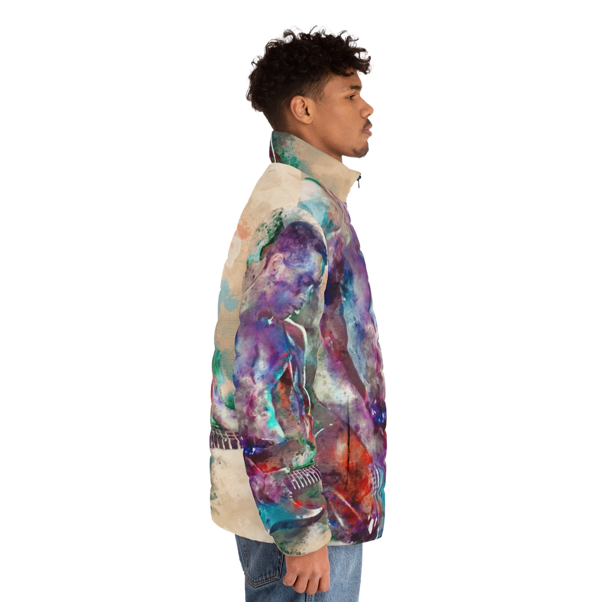 A vibrant, graphic puffer jacket featuring a guitar design, perfect for music lovers. - men side right