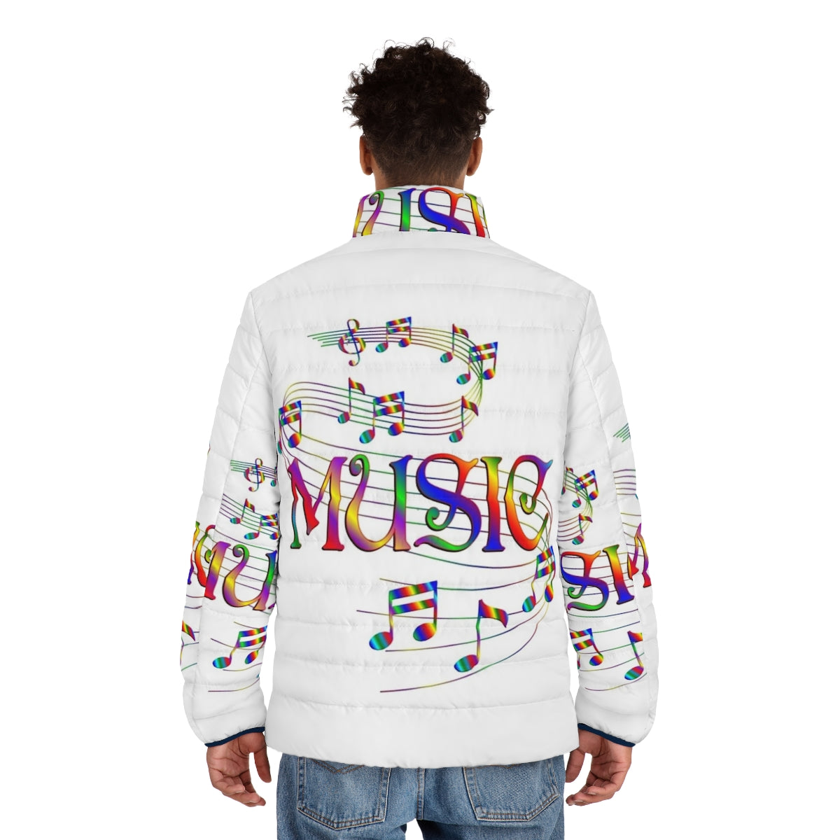 Flowing music notes puffer jacket with a stylish and cozy design for music lovers. - men back