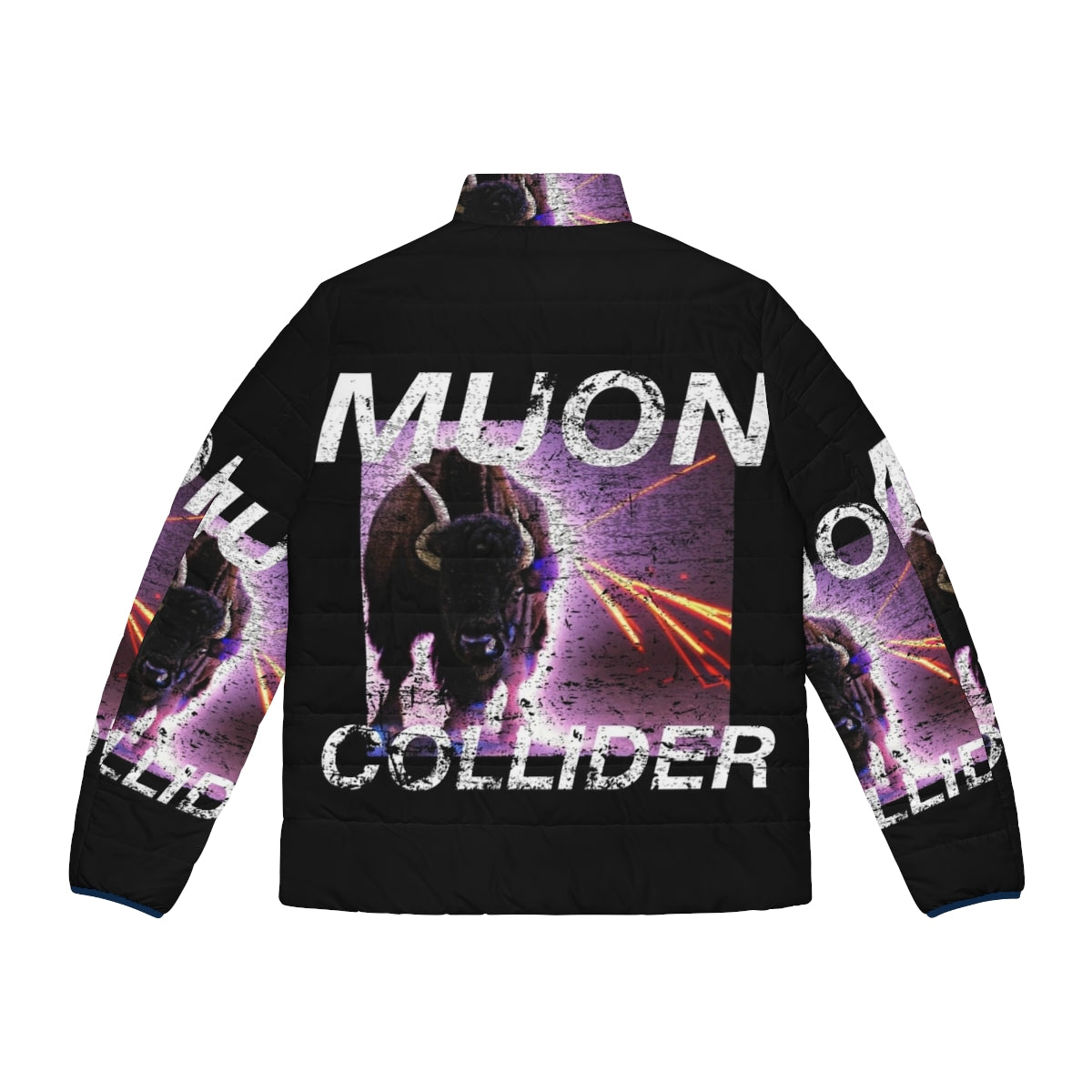 Muon Collider inspired retro puffer jacket with vintage physics t-shirt design - Back