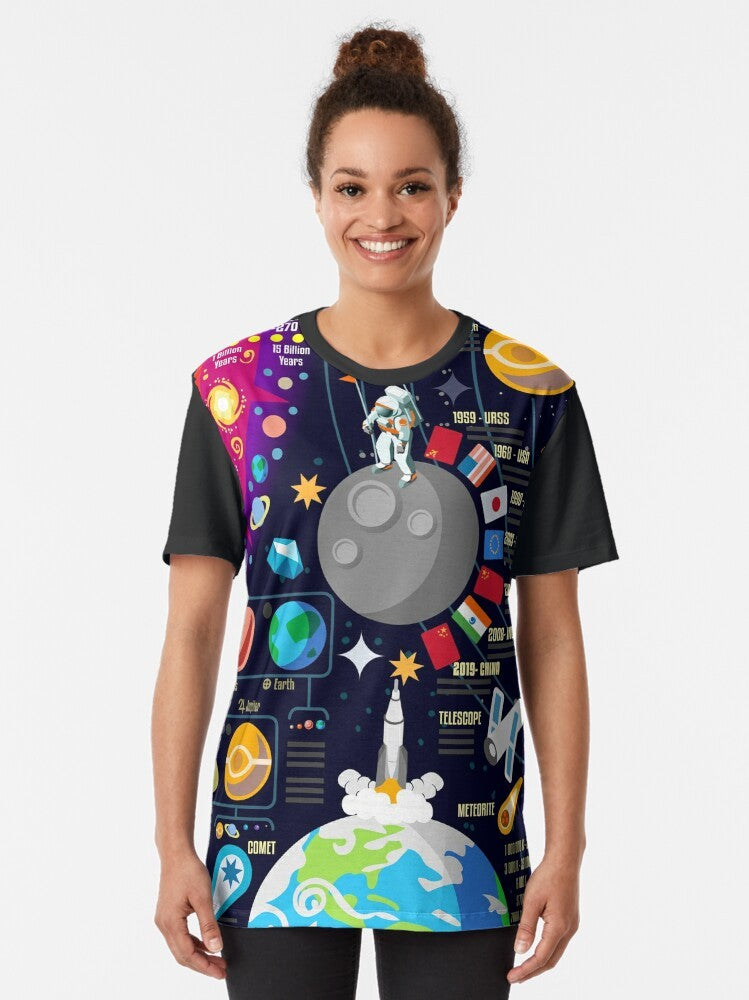 Space infographic design featuring the Big Bang, planets, and cosmic elements on a graphic t-shirt. - Women