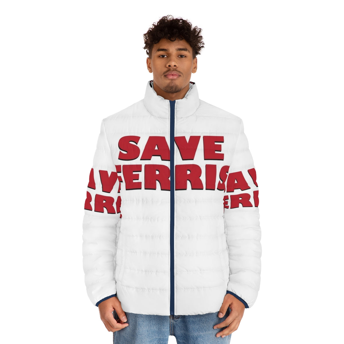 Save Ferris 80s puffer jacket with vintage movie inspired design - men front