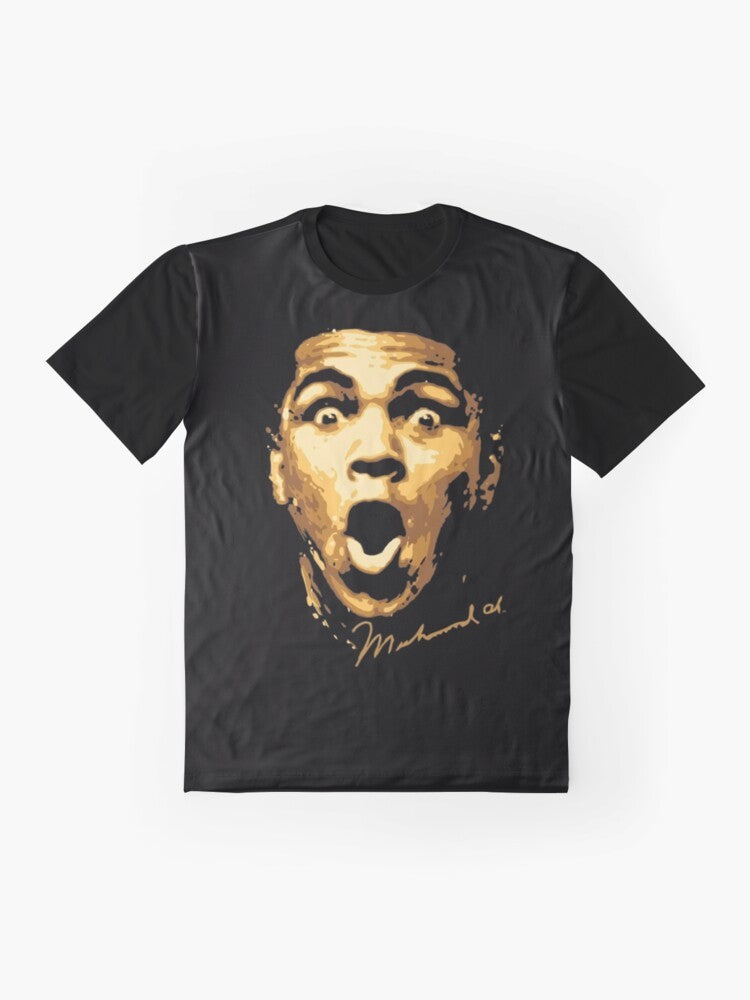 Vintage-style graphic t-shirt featuring a portrait of legendary boxer Muhammad Ali with motivational boxing-themed design - Flat lay