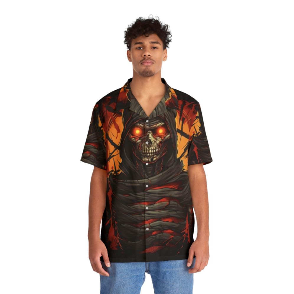 Haunting Darkness Hawaiian Shirt with Ominous Imagery - People Front