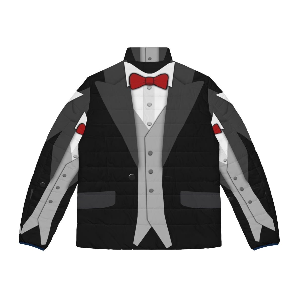 A black puffer jacket with a classic tuxedo look, featuring a red bowtie and vest for a unique formal style. - Back