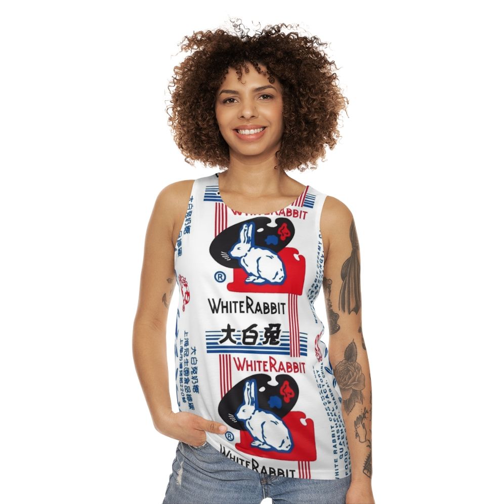 Unisex white tank top with white rabbit candy design - women