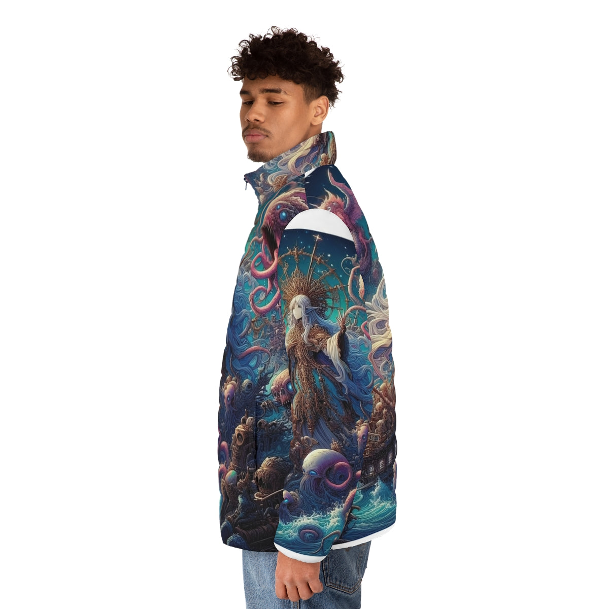 Anime puffer jacket featuring a beautiful anime girl design - men side left