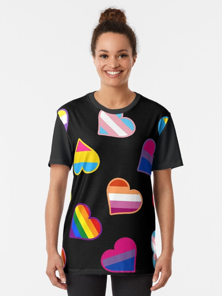 Colorful pride flags hearts design on a graphic t-shirt - Women