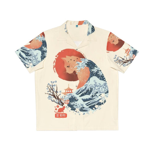 Vibrant Hawaiian shirt featuring an illustrated cat spirit animal