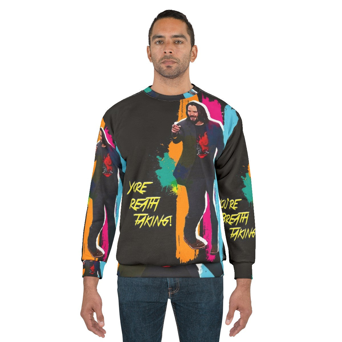 Keanu Reeves inspired "You're Breathtaking" cyberpunk sweatshirt in vivid rainbow colors - men