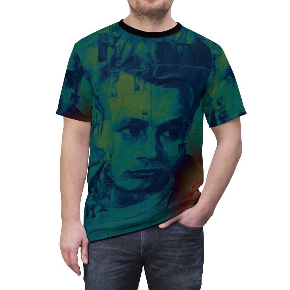 Graphic t-shirt featuring a portrait of classic American actor James Dean in his iconic rebel without a cause role. - men front