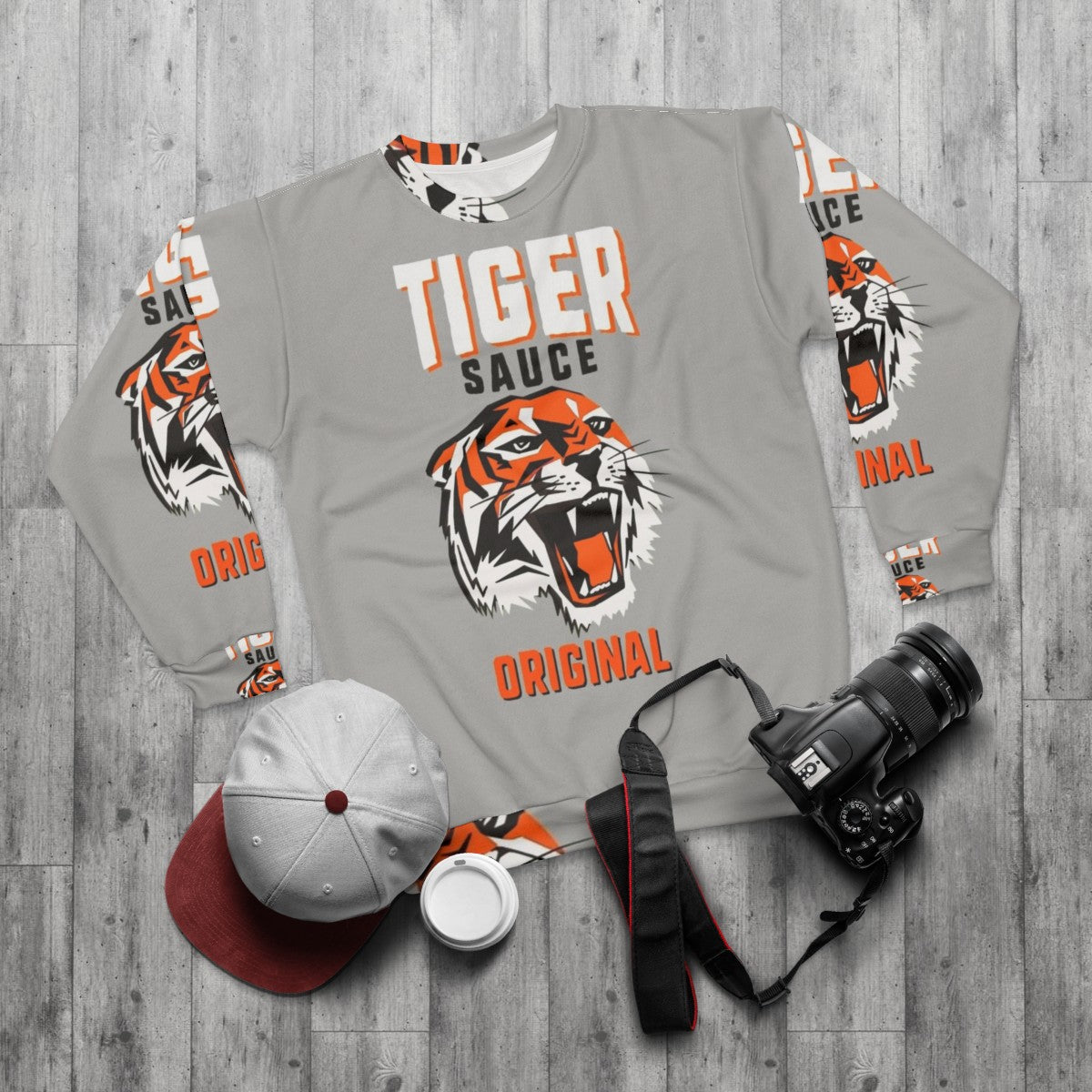 Original Tiger Sauce Sweatshirt with Habanero and Tabasco Design - flat lay