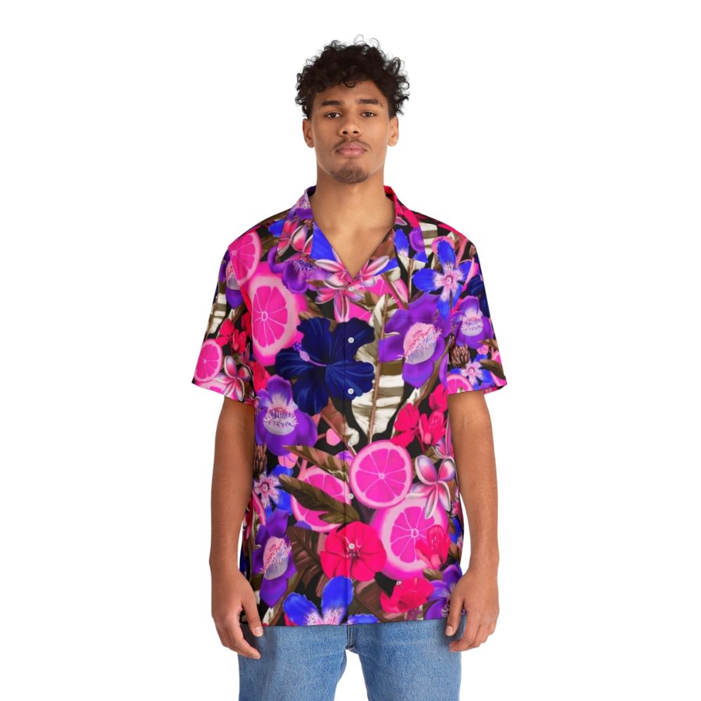 blue hawaiian shirt with colorful floral and fruit pattern - People Front