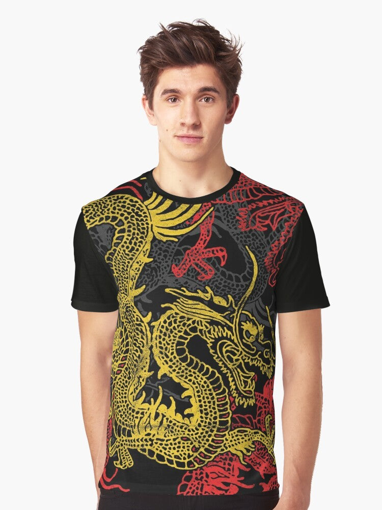 Graphic t-shirt featuring a golden Chinese dragon pattern, a mythical and powerful creature from Asian folklore. - Men