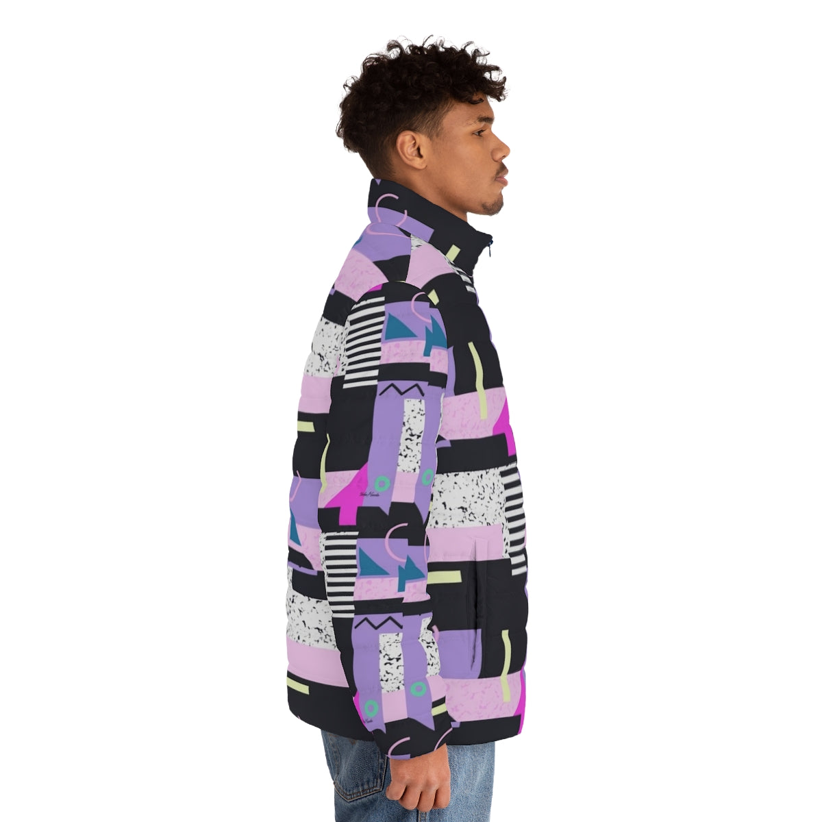 Aesthetic 90s vaporwave-inspired puffer jacket with repeating pattern design - men side right