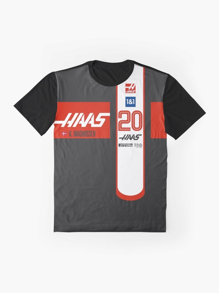 Haas F1 2022 Magnussen Graphic T-Shirt with Formula 1 racing car design - Flat lay