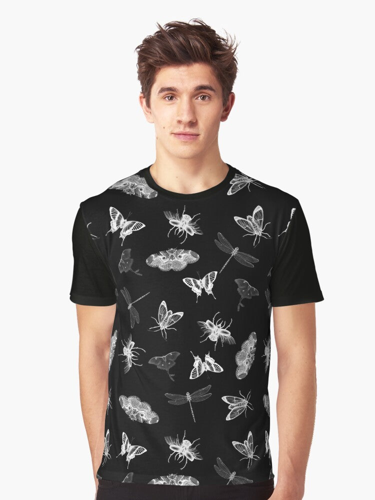 A black and white graphic t-shirt design featuring a pattern of various insects and bugs, including moths, butterflies, and dragonflies, for an entomology-inspired nightmare. - Men