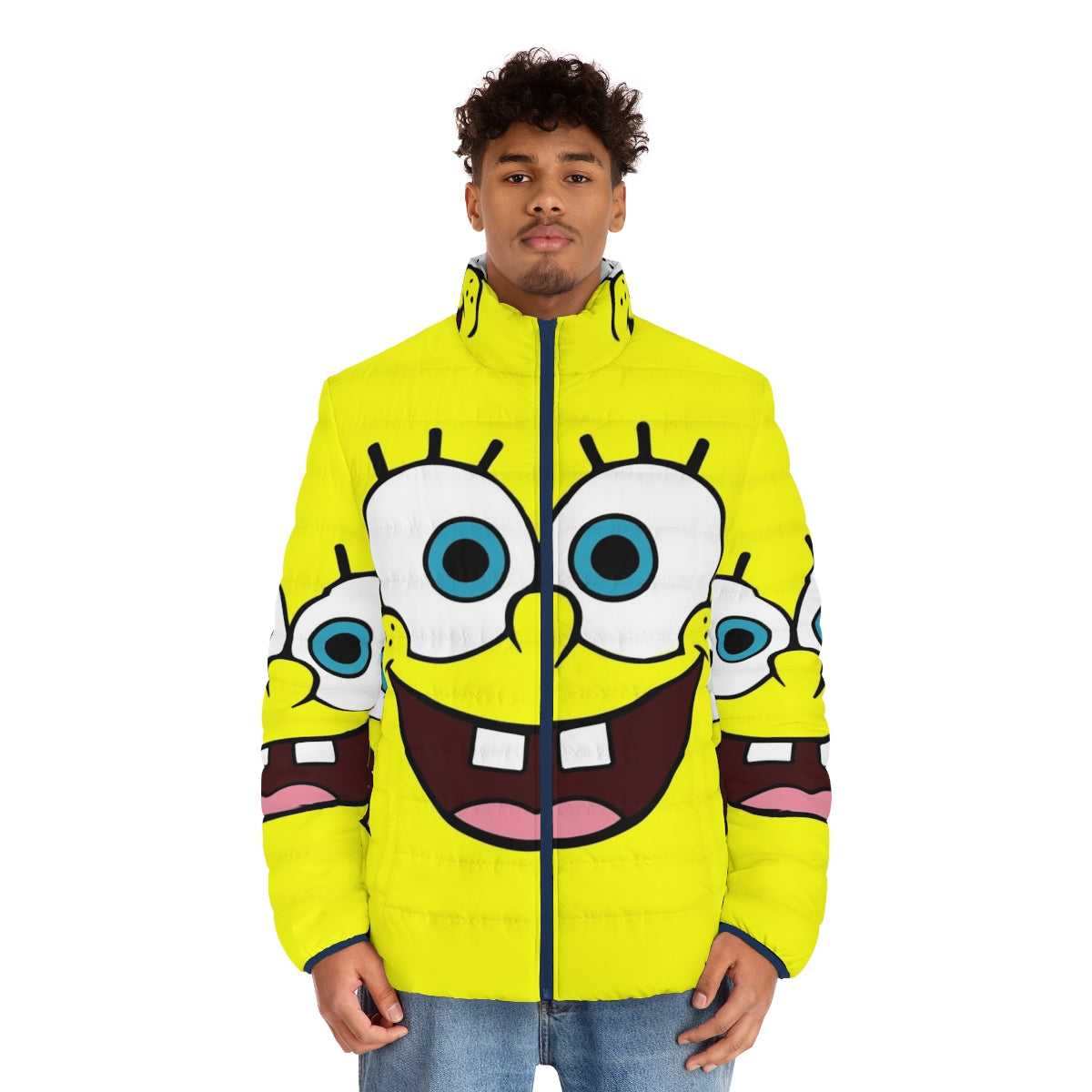 SpongeBob cartoon character printed on a yellow puffer jacket - men front