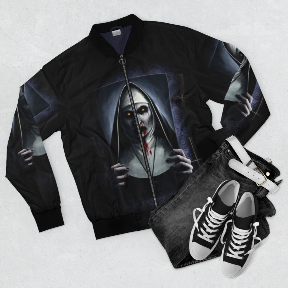 Valak demon-inspired bomber jacket with creepy, haunting design - Flat lay