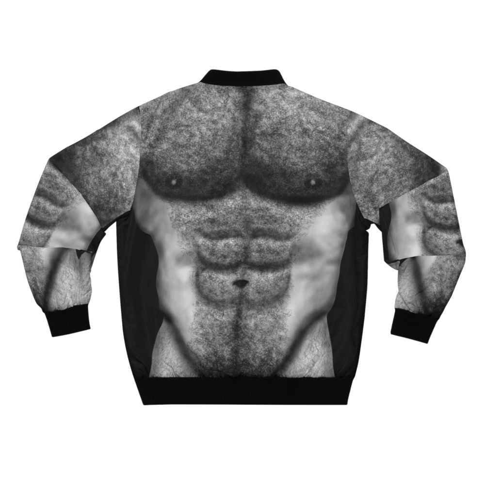 Bomber jacket featuring the hairy torso of a naked, muscular male figure in black and white. - Back