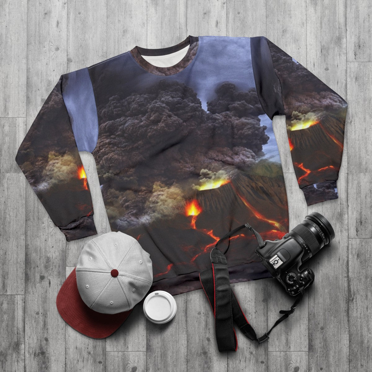 Volcano Erupting Sweatshirt with Volcanic Lava Eruption Landscape - flat lay