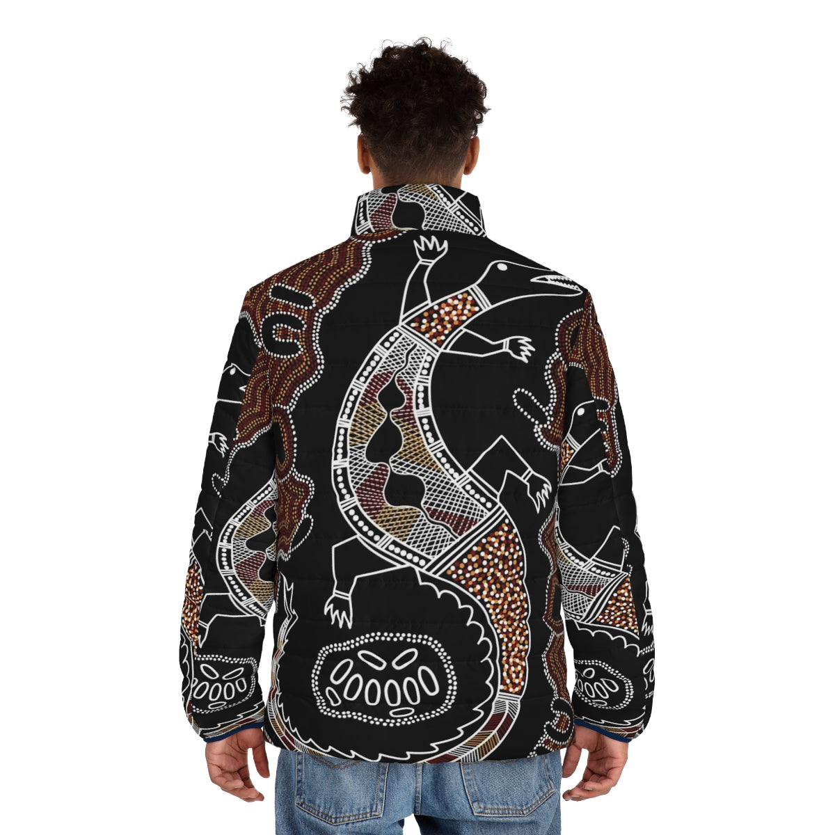 Authentic Aboriginal Art Crocodile Puffer Jacket with Traditional Artwork - men back