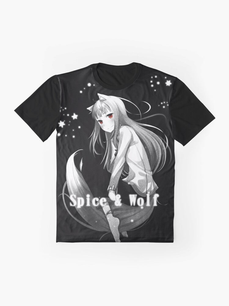 Spice and Wolf anime-inspired graphic t-shirt featuring a wolf design in a monochrome, fantasy style - Flat lay