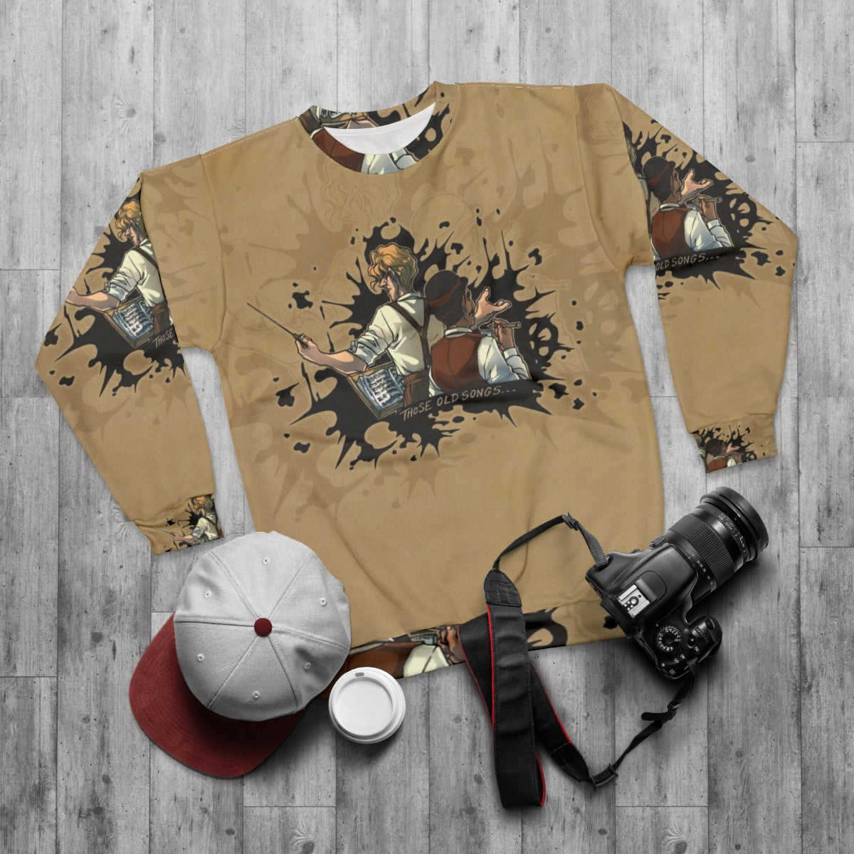 Vintage inspired abstract art sweatshirt featuring old songs graphic - flat lay