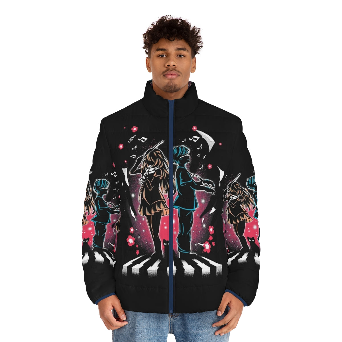 "Lie In April" Puffer Jacket with Anime Inspired Design - men front