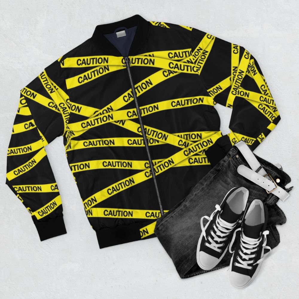 Caution Tape Bomber Jacket - Bright Yellow Reflective Jacket with Warning Tape Design - Flat lay