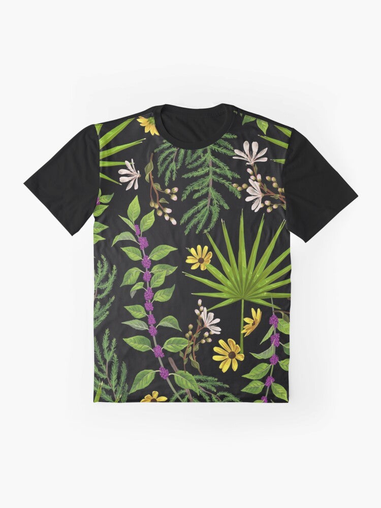 Graphic t-shirt featuring Florida native plants and botanical design - Flat lay