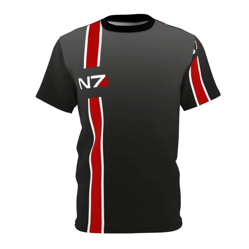 Iconic N7 Mass Effect inspired t-shirt design featuring characters and ships from the popular video game franchise.